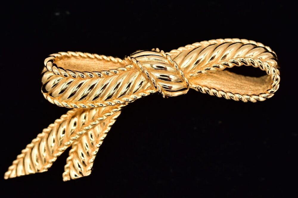Christian Dior Vintage Chunky Ribbon Bow Tie Pin Brooch 3" Heavy Signed 80s Bin8